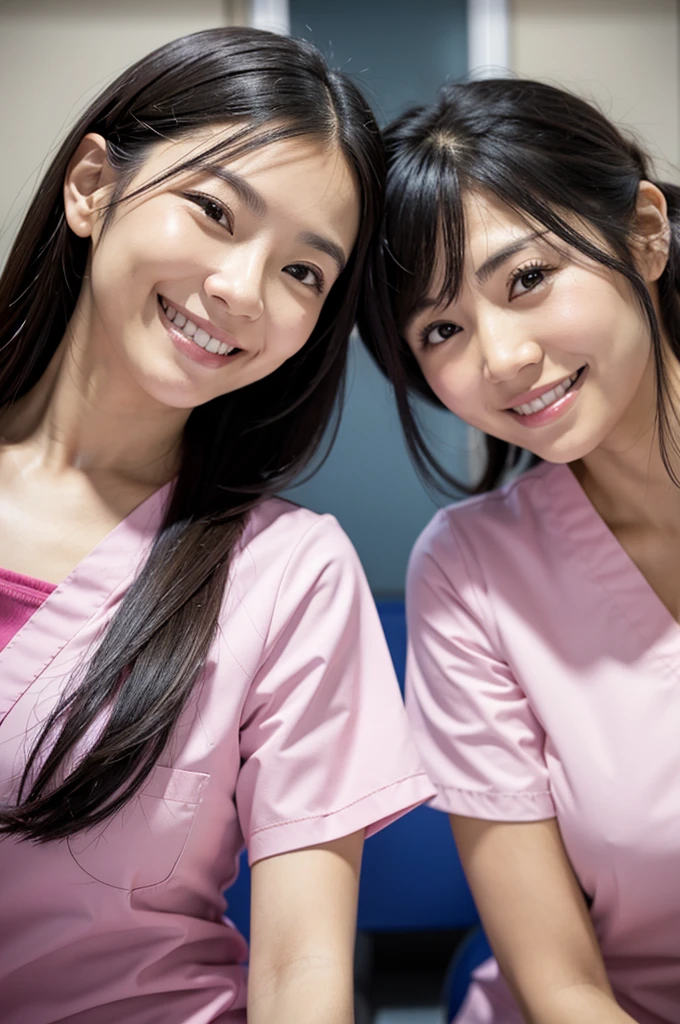 Dental hygienist, only two women Side by side, smiling, wearing pink medical scrubs Pink, short sleeves, cute, Japanese, black hair, female, early 20s Upper body close-up high resolution Highest quality Don't put your face too close.々