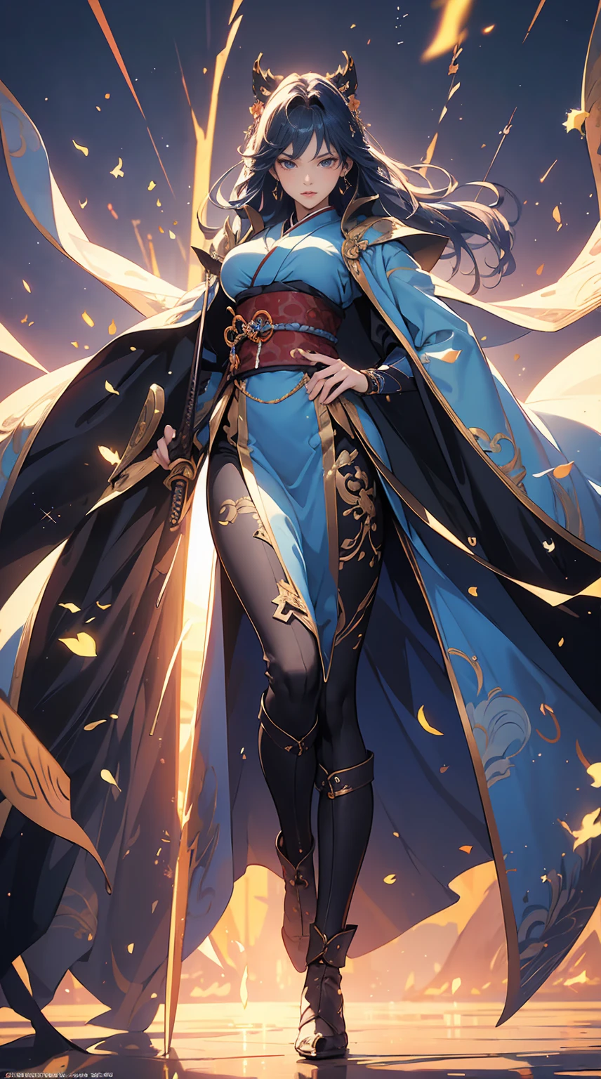 Highest quality、masterpiece、8K、Realistic、超High resolution、Very delicate and beautiful、High resolution、Fantasy、Muscle Girl、Perfect female body、Neutral women、Blue Hair、Toned body、Cape、kimono、boots、cigarette、Wild Pose、Full body emphasis、Simple Background、Angry、samurai