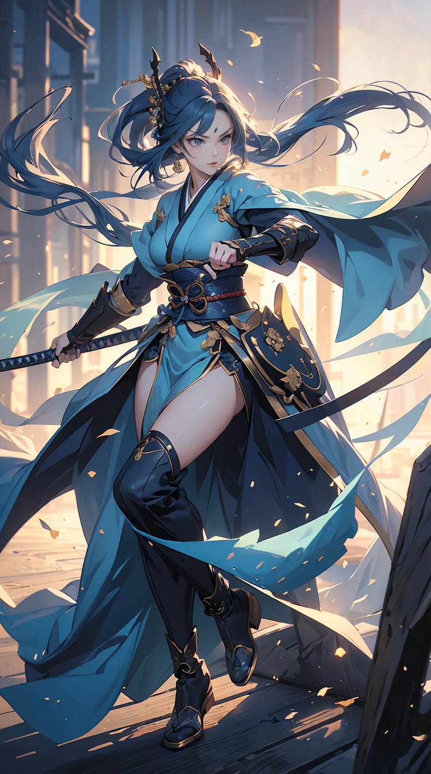 Highest quality、masterpiece、8K、Realistic、超High resolution、Very delicate and beautiful、High resolution、Fantasy、Muscle Girl、Perfect female body、Neutral women、Blue Hair、Toned body、Cape、kimono、boots、cigarette、Wild Pose、Full body emphasis、Simple Background、Angry、samurai