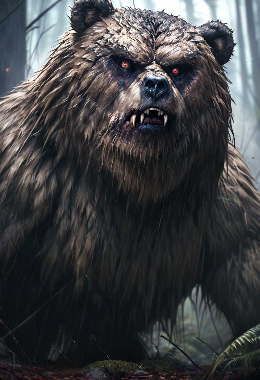 (masterpiece), (best qualiry). a man fighting a bear, bear spray, hyperrealistic, extremely detailed, sharp focus, high quality, studio lighting, portrait, cinematic, dramatic lighting, tense expression, powerful muscles, intense battle, claws and teeth, rugged terrain, lush foliage, dynamic action, photorealistic, 8k