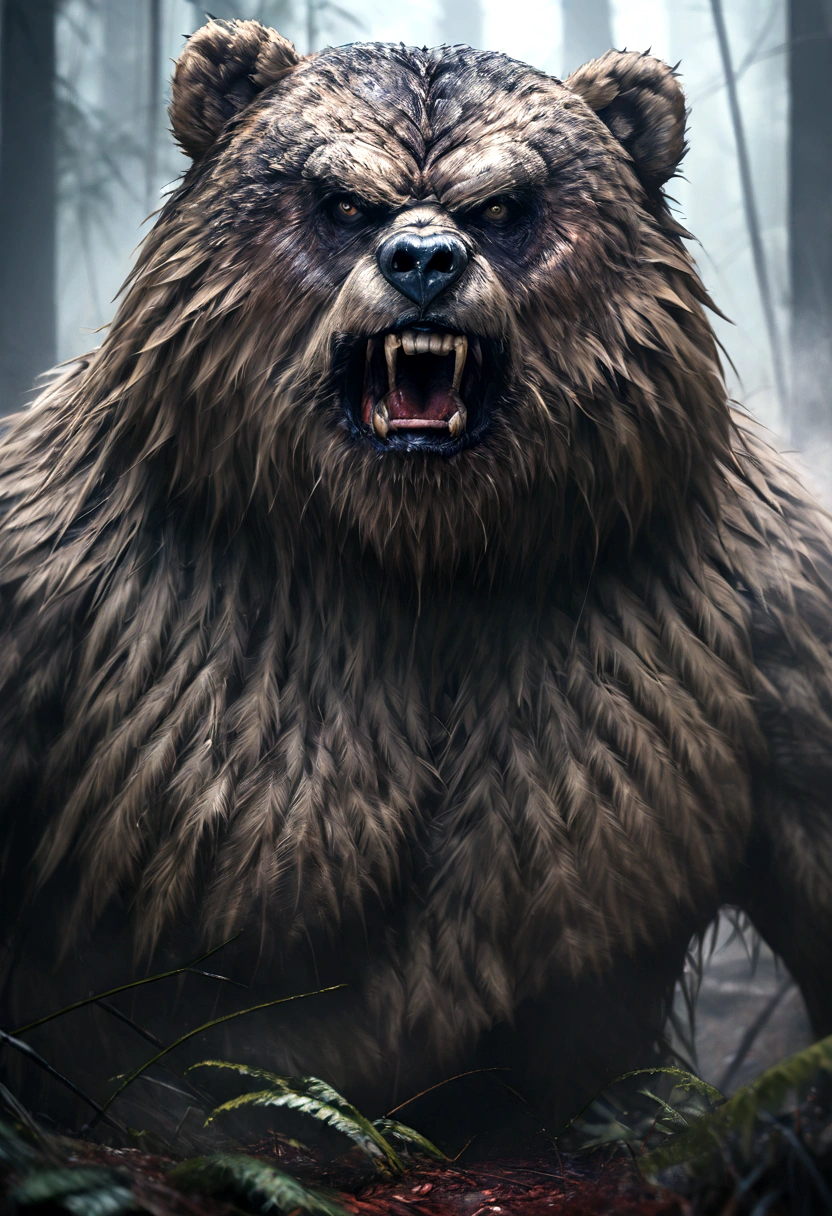 (masterpiece), (best qualiry). a man fighting a bear, bear spray, hyperrealistic, extremely detailed, sharp focus, high quality, studio lighting, portrait, cinematic, dramatic lighting, tense expression, powerful muscles, intense battle, claws and teeth, rugged terrain, lush foliage, dynamic action, photorealistic, 8k