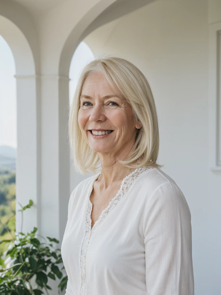 A realistic, photorealistic image of Felicidad, a 60-year-old Finnish woman with a Scandinavian background, (((white blonde and medium length hair))), smiling and enjoying, overlooking inside the mansion over the hilltop, upper body and upper legs, (((round face))), (medium straight hair)