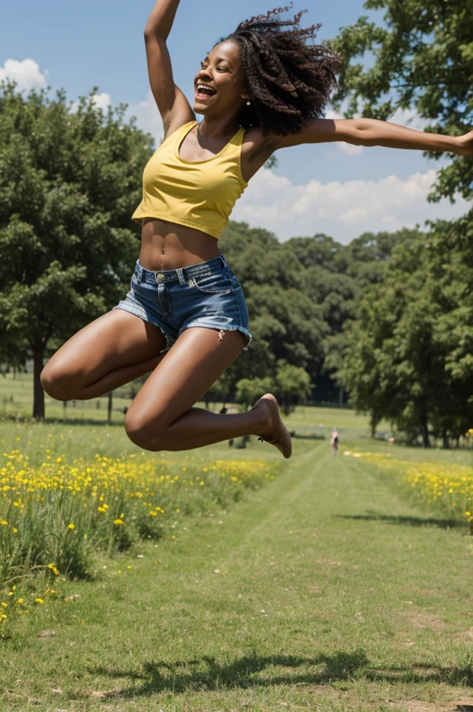 black woman jumping for joy, straight hair wearing sando and shorts at the meadow