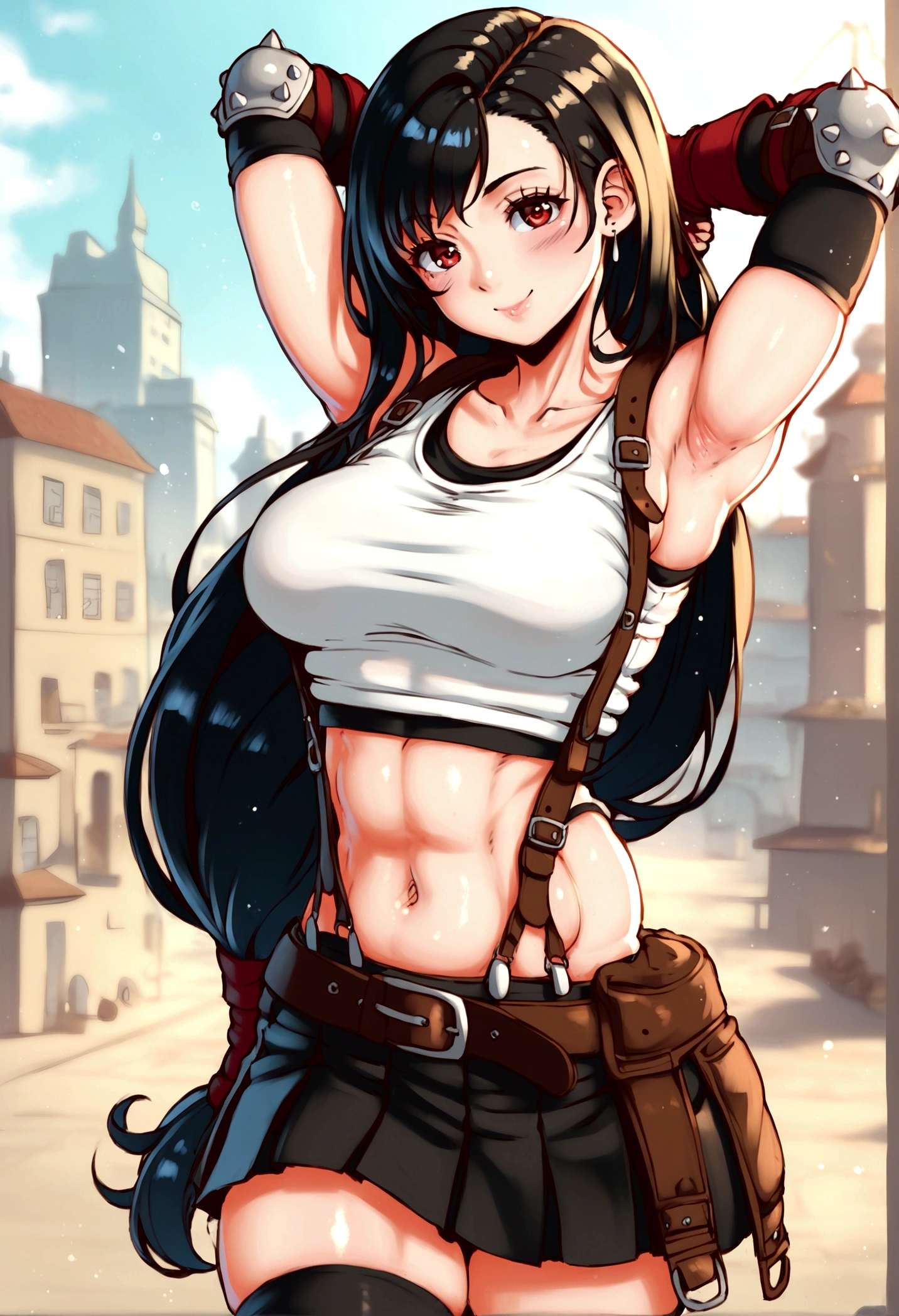 score_9, score_8_up, score_7_up,score_6, score_5,8k,rating_safe BREAK , (from front.from front,breast focus,standing,straight-on,(arms up,arms behind head.),,(upperbody),looking_at_viewer ,1girl, tifa lockhart, final fantasy, tareme,black hair, low-tied long hair, red eyes, bangs, (white tank top, belt, pleated skirt, thighhighs, elbow fingerless gloves, elbow pads, midriff, navel,suspender skirt) ,large_breasts,(light smile),,,Solo,,(daytime and beachside and city),(best quality),(aesthetic,very aesthetic),UHD,HDR,,photorealistic,highly detailed,sharp focus,depth of field,,professional lighting,cinematic lighting,