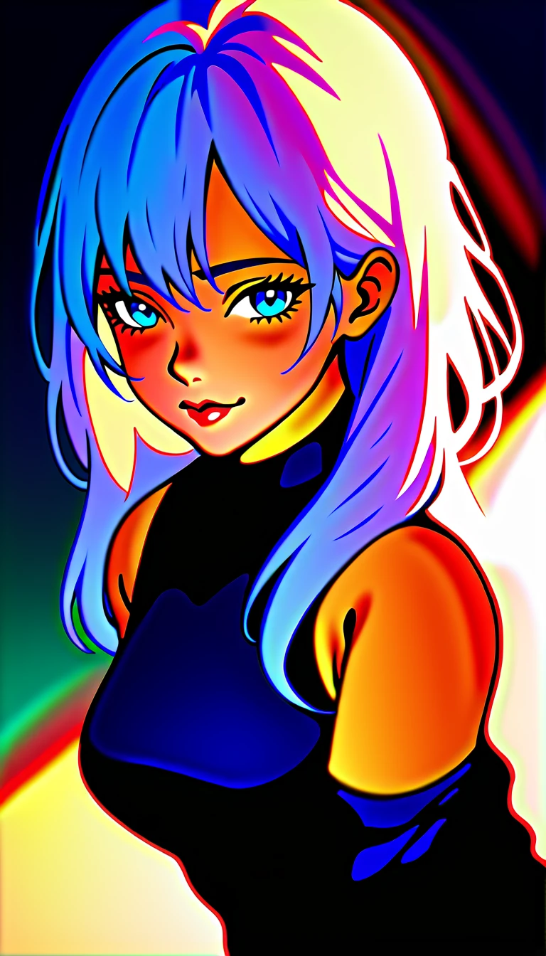 (high quality, 8k, 4K, high contrast, artwork:1.2, high quality, best aesthetics), (dynamic angle), ((1 woman)), erotic, sensual, mature body, super detailed, beautiful face detailed, beautiful eyes detailed, detailed beautiful mouth, sexy body, perfect breats, (long wavy white hair), (bright light blue eyes), (playful facial expression), (black costume), (standing), (centered), (looking at viewer)