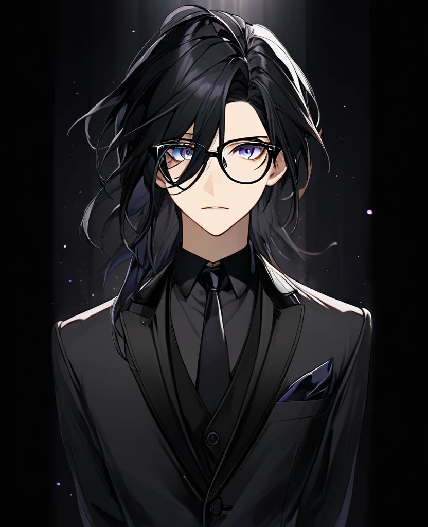(black_hair), (dark_black_eyes), (vertical_slit_pupils), (detailed_eyes), (attractive), (emotionless), (void_space_background), (male), (wearing _a_black_suit), (long_male_hair), (detailed_Hair), (detailed), (detailed_mouth), (glasses) 