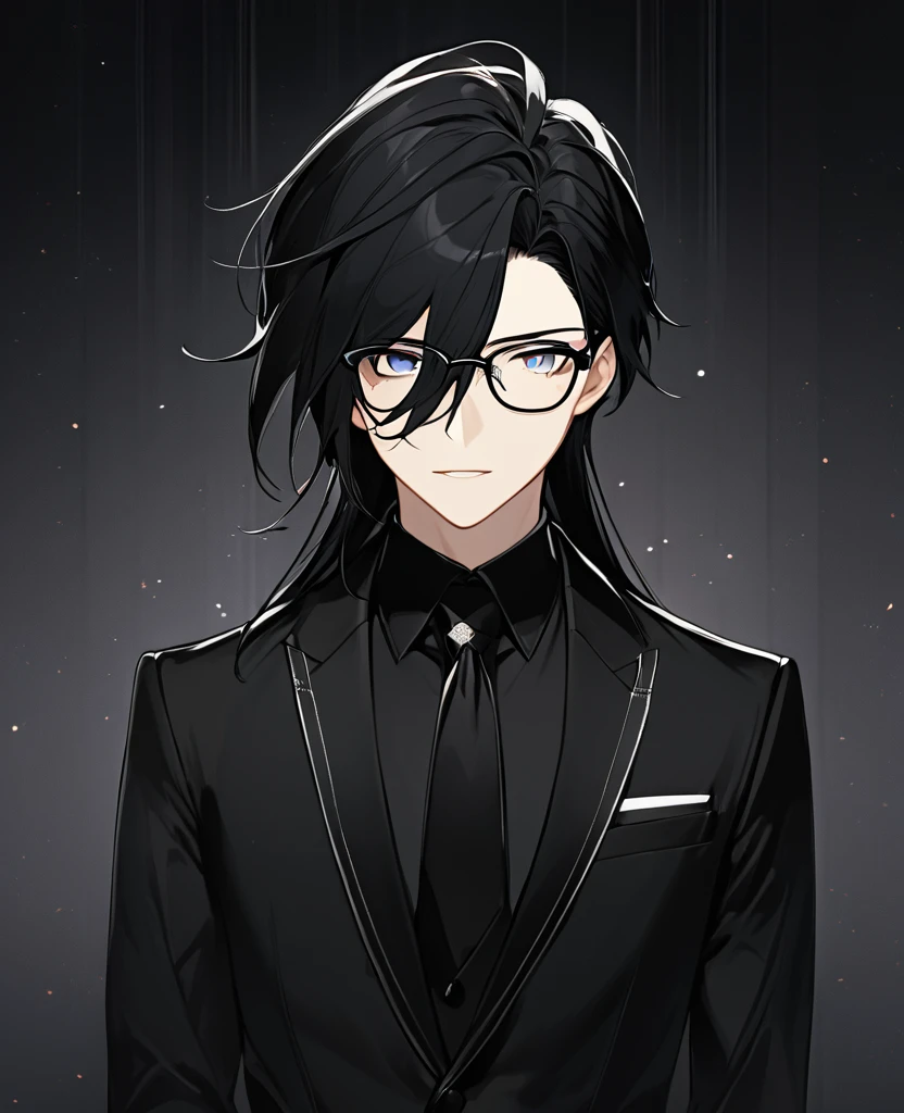 (black_hair), (dark_black_eyes), (vertical_slit_pupils), (detailed_eyes), (attractive), (emotionless), (void_space_background), (male), (wearing _a_black_suit), (long_male_hair), (detailed_Hair), (detailed), (detailed_mouth), (glasses)