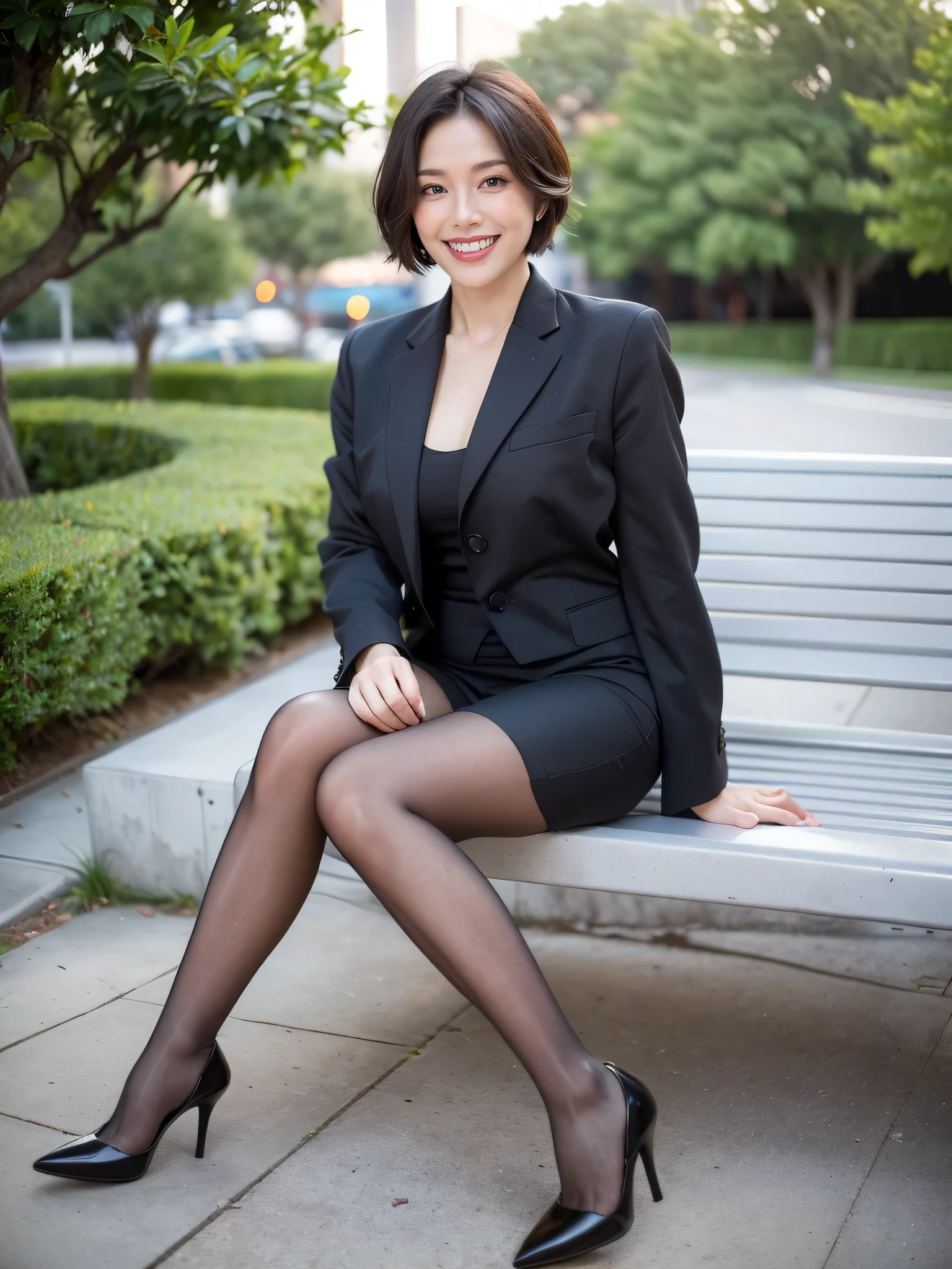 最high quality, 8K, Masseter area, Energetic, Clear focus, high quality, high resolution, Delicate face, Fine particles, thick lips, (Looking at the audience), Solitary, Beautiful woman, 38 years old, Plum, Black short hair,  (business attire:1.5), afternoon、In front of the park garden,（Sitting on a bench：1.5）、((Smile:1.5))、((Wearing black high heels))