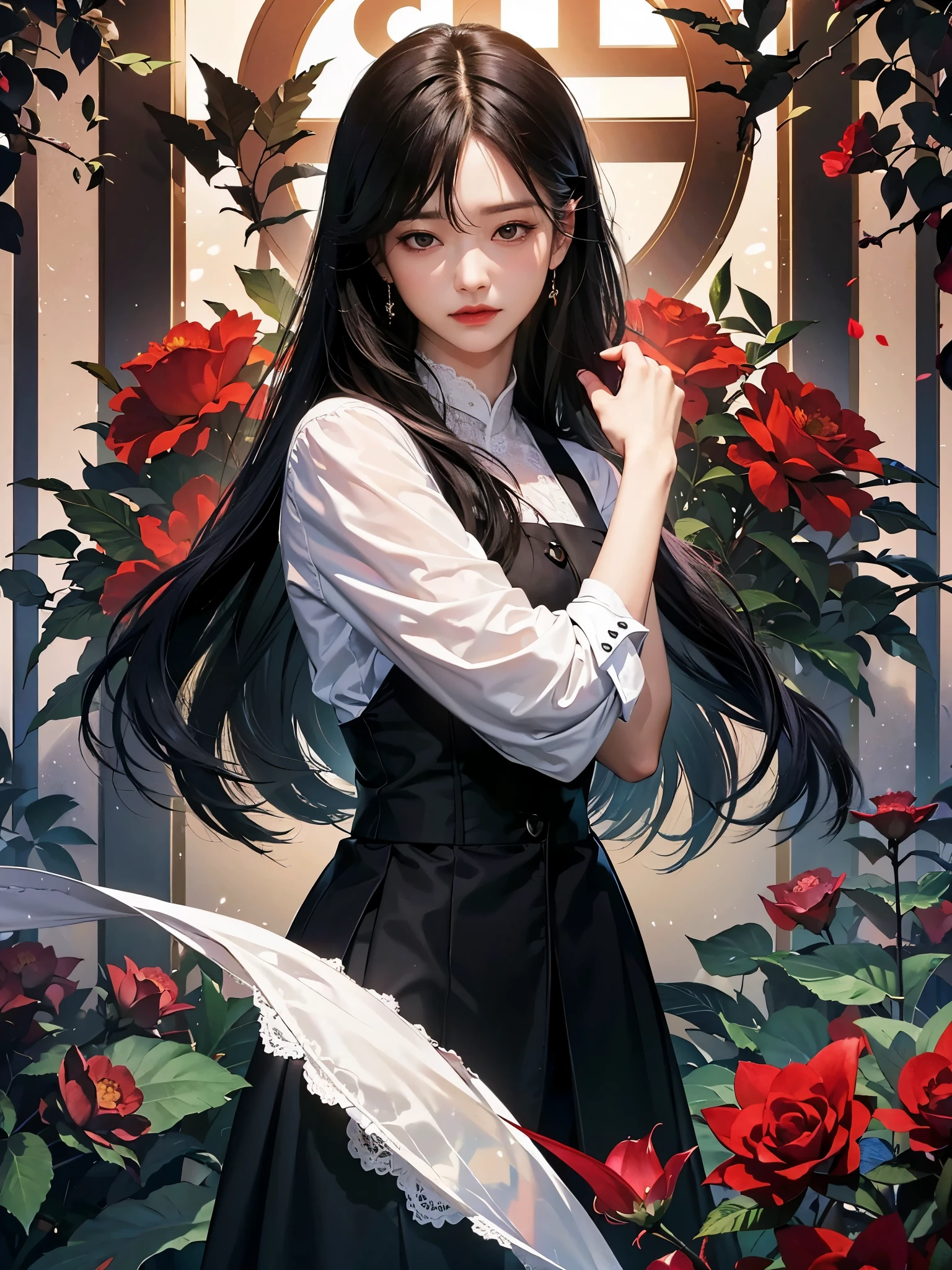 best quality，outstanding，一对情侣在garden里拥抱在一起，The man hugged the woman from behind。Woman with long black hair，cry。Man with short black hair wearing suit，Poker face。garden，western-styled building，Rose，Thorns，Overbearing CEO，Novel cover，Beautiful and delicate face，HD，Light and Shadow，High quality details