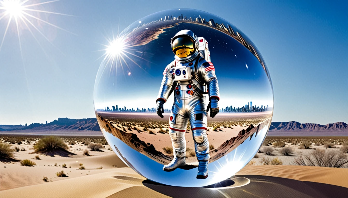 Giant astronaut wearing a mirrored helmet standing in the desert,See a model of New York City from inside a glass sphere,Beautiful sparkling crystal ball, Flying vehicles,Lenses, Scenes, amazing, thrilling, There's a magical feeling in the air, Magical Fantasy, Diffuse lighting
