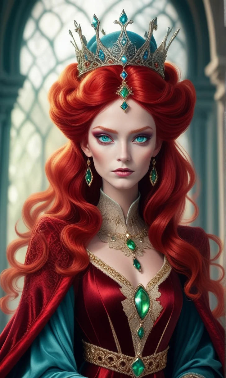 (((Red Queen))),Red Hair,Green eyes,Blue eye shadow,Gorgeous crown,Gorgeous jewelry, Shadowweave Robe, Flowing fabrics, velvety texture, Luminous details.