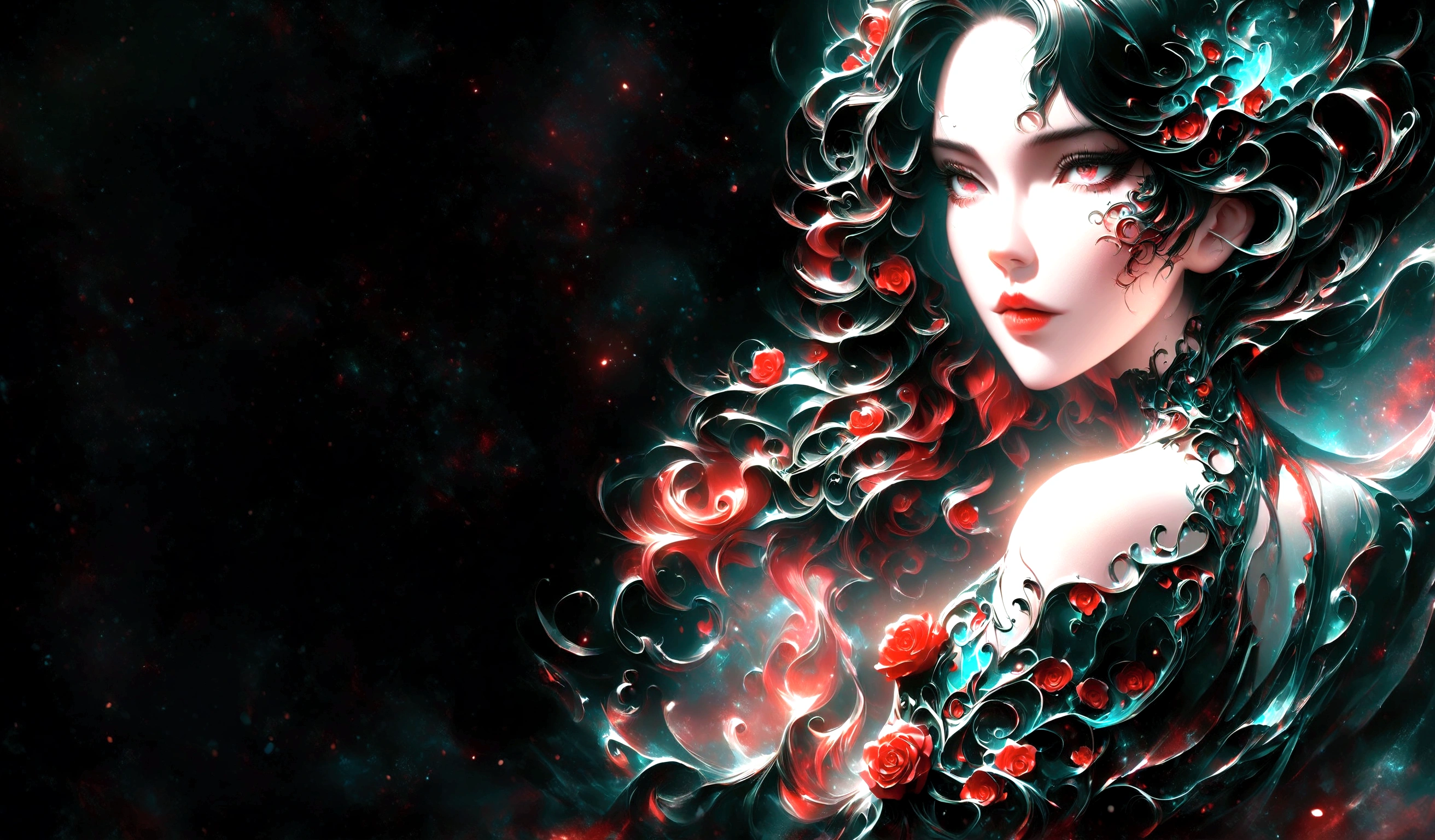a close up of a woman with long black hair and red roses, black and red hair, stylized digital art, sultry digital painting, karol bak uhd, black and red hair hair, detailed long black hair, 8k high quality detailed art, dark but detailed digital art, very long black/red hair, gorgeous digital art, seductive cyberpunk dark fantasy