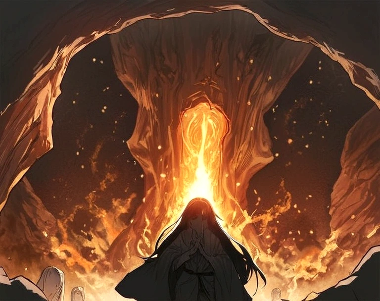(best quality, masterpiece), (1 Girl, Solitary,Brown robe, Expression face, Look away, sit, Wide sleeves, black eyes, Shut up, Fire in the shape of a ribbon on the head, Long hair, Cowboy shooting), (monochrome, Night sky at the cave entrance , Light rising from the bottom, Inside the cave, A bunch of glowing white particles floating, The blazing fire is just around the corner, Many small fires floating),