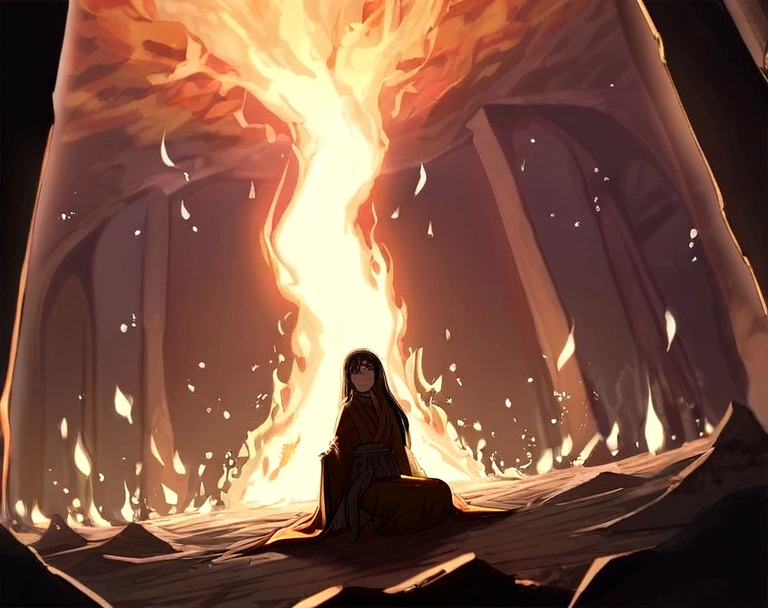 (best quality, masterpiece), (1 Girl, Solitary,Brown robe, Expression face, Look away, sit, Wide sleeves, black eyes, Shut up, Fire in the shape of a ribbon on the head, Long hair, Cowboy shooting), (monochrome, Night sky at the cave entrance , Light rising from the bottom, Inside the cave, A bunch of glowing white particles floating, The blazing fire is just around the corner, Many small fires floating),