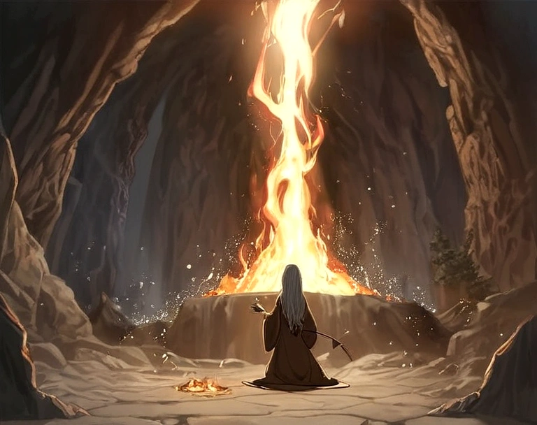 (best quality, masterpiece), (1 Girl, Solitary,Brown robe, Expression face, Look away, sit, Wide sleeves, black eyes, Shut up, Fire in the shape of a ribbon on the head, Long hair, Cowboy shooting), (monochrome, Night sky at the cave entrance , Light rising from the bottom, Inside the cave, A bunch of glowing white particles floating, The blazing fire is just around the corner, Many small fires floating),