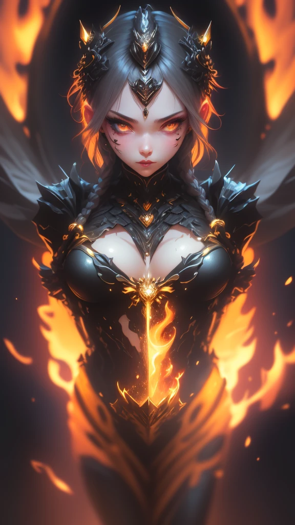 1girl, detailed face, beautiful detailed eyes, beautiful detailed lips, extremely detailed face and eyes, long eyelashes, red eyes, fire witch, blood on face, flying hair, cleavage, navel, wide hips, light particles, lightning rays, colorful, high contrast, vampire, smirk, evil smile, psychopathic smirk, psychopathic smile, tilted head, dark fantasy, dramatic lighting, supernatural, moody, cinematic, vibrant colors, volumetric lighting, dramatic atmosphere, intricate details, masterpiece, best quality, 8k, high resolution, hyper detailed, photorealistic