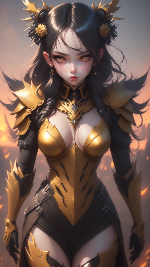 A woman adorned in fantasy-style full-body armor, a crown-concept fully enclosed helmet that unveils only her eyes, a composite layered chest plate, fully encompassing shoulder and hand guards, a lightweight waist armor, form-fitting shin guards, the overall design is heavy-duty yet flexible, (the armor gleams with a golden glow, complemented by red and blue accents), exhibiting a noble aura, she floats above a fantasy-surreal high-tech city, this character embodies a finely crafted fantasy-surreal style armored hero in anime style, exquisite and mature manga art style, (mixture of Queen bee and Spider concept Armor, plasma), ((Element, elegant, goddess, femminine:1.5)), metallic, high definition, best quality, highres, ultra-detailed, ultra-fine painting, extremely delicate, professional, anatomically correct, symmetrical face, extremely detailed eyes and face, high quality eyes, creativity, RAW photo, UHD, 32k, Natural light, cinematic lighting, masterpiece-anatomy-perfect, masterpiece:1.5