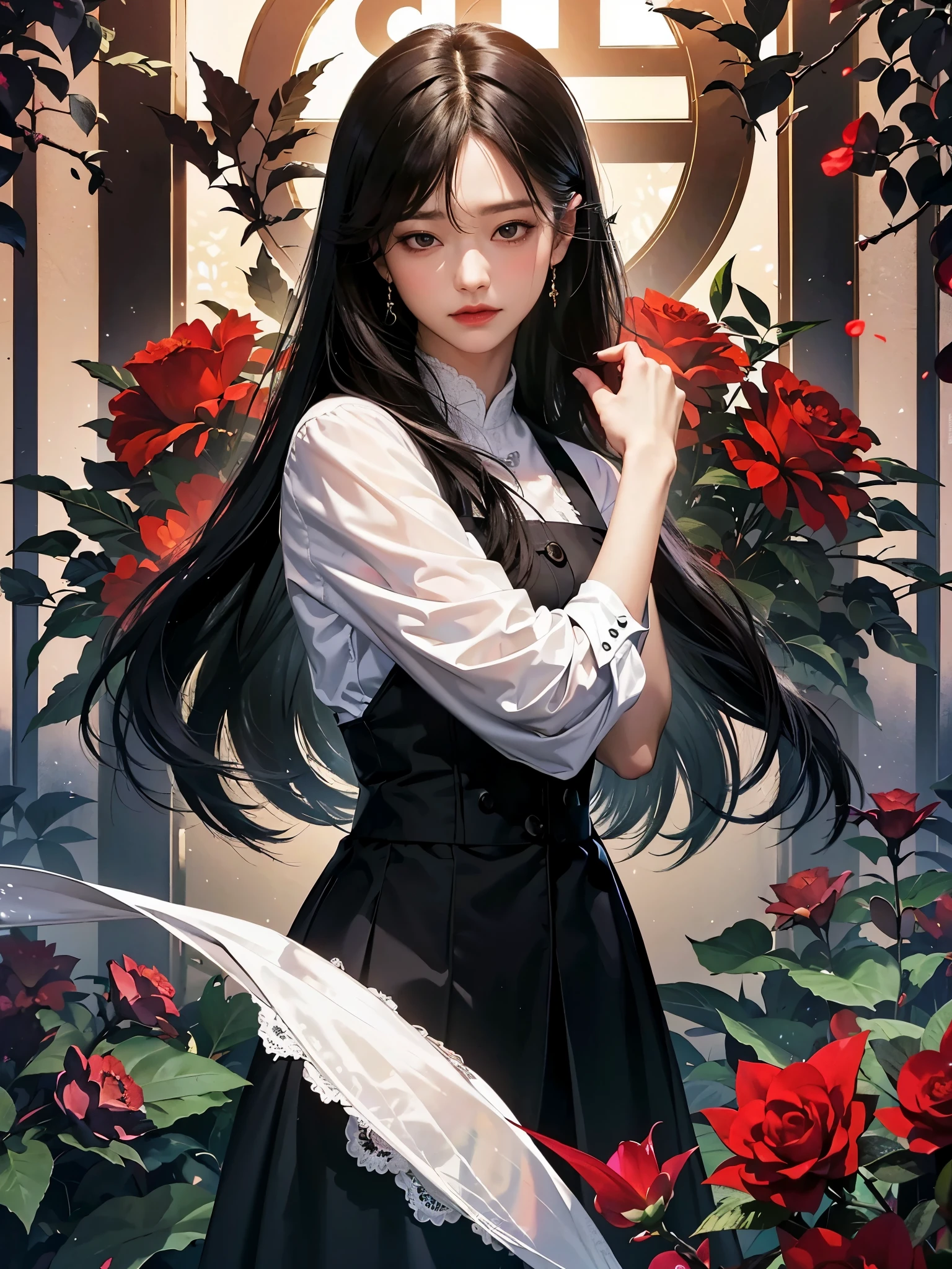best quality，outstanding，一对情侣在garden里拥抱在一起，The man hugged the woman from behind。Woman with long black hair，cry。Man with short black hair wearing suit，Poker face。garden，western-styled building，Rose，Thorns，Overbearing CEO，Novel cover，Beautiful and delicate face，HD，Light and Shadow，High quality details