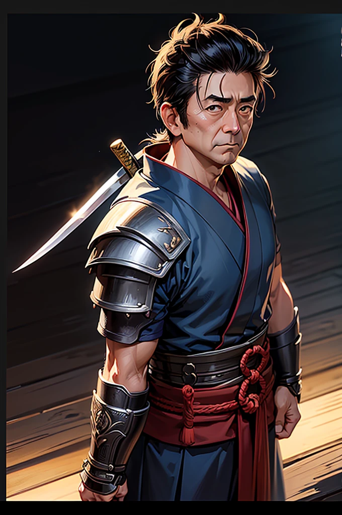 Highest quality,High resolution,((Shinzo Abe)) ,Kenshiro,Fist of the North Star,samurai,One person,warrior,armor,kimono,Fumaru,Armor,male,One personで,Middle Age,(face_Wrinkles),Swordsman,strongest,Anime Style,(Limbs),(Full Finger),(Accurate fingertips), (The finer details), (Super detailed),(Japanese sword:),4K,(high resolution),whole body, (Front angle), Looking at the camera,masterpiece,(Subtle details),(Intricate details),Octane Rendering,(Hyper Detail),