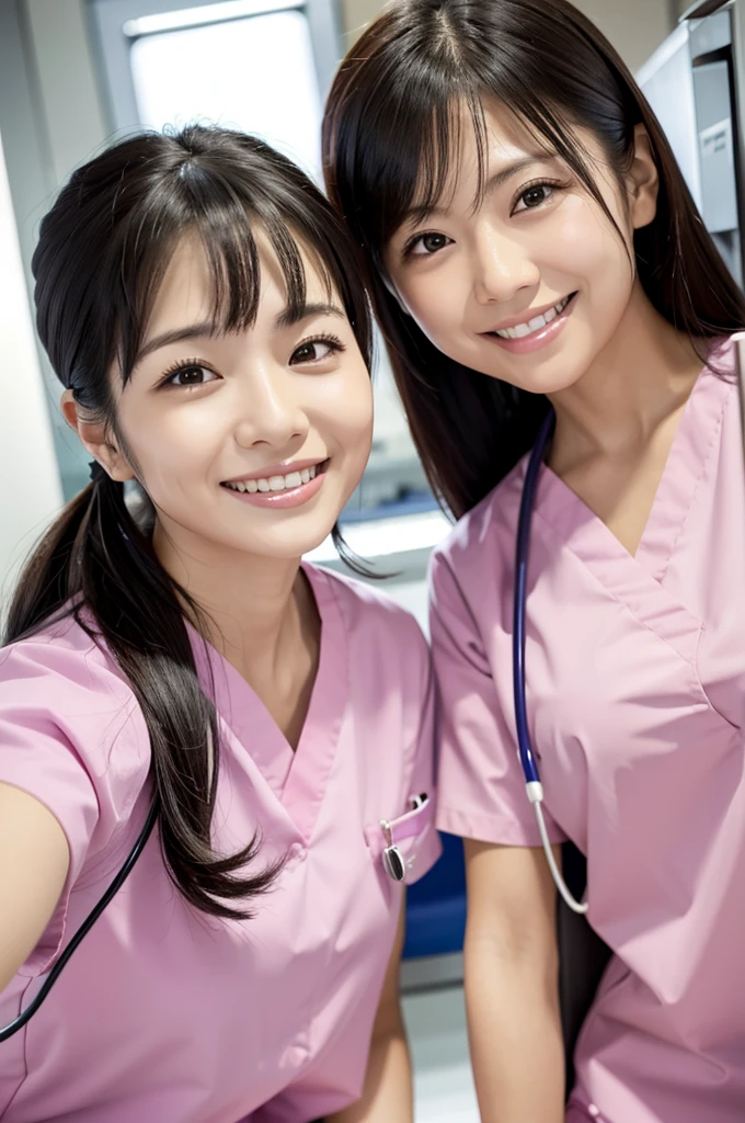 Dental hygienist, only two women Side by side, smiling, wearing pink medical scrubs Pink, short sleeves, cute, Japanese, black hair, female, early 20s Upper body close-up high resolution Highest quality Don't put your face too close.々