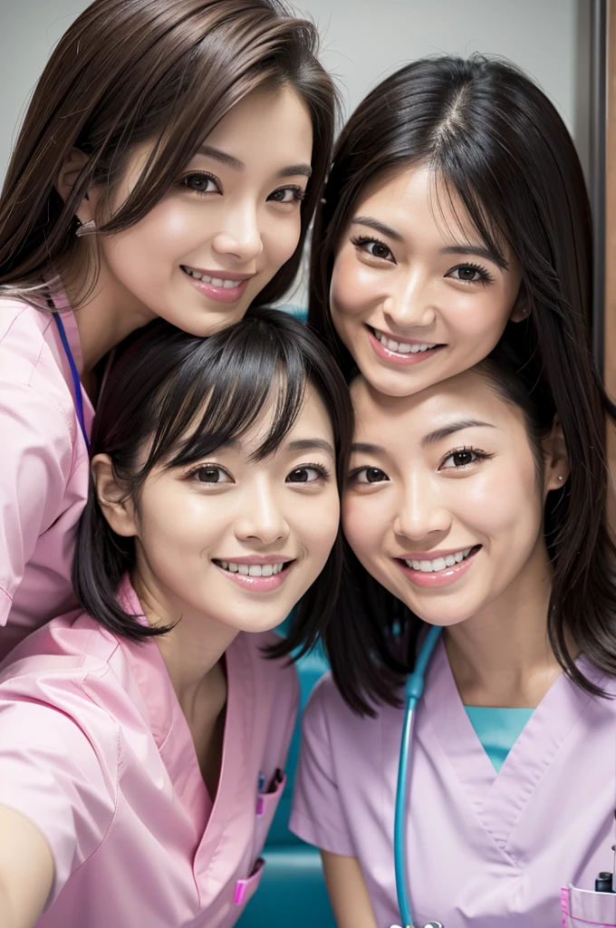 Dental hygienist, only two women　Side by side, smiling, wearing pink medical scrubs　Pink, short sleeves, cute, Japanese, black hair, female, early 20s　Upper body close-up　high resolution　Highest quality　　Don&#39;t put your face too close.々