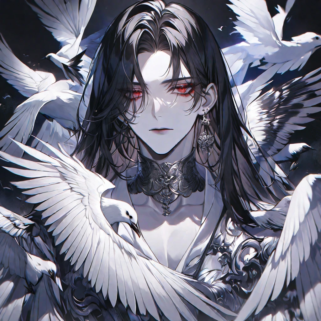 solo, handsome, 
1. male,
hime cut,Straight Hair,Bob Hair, 
black hair, 
Gojo Satoru ,
red Eyes,Soft look,beautiful,beautiful,sexly,Darkness,Lots of silver earrings,choker,devil,
White OVERsize パーカー,
White skin,bird,wing,
black background,