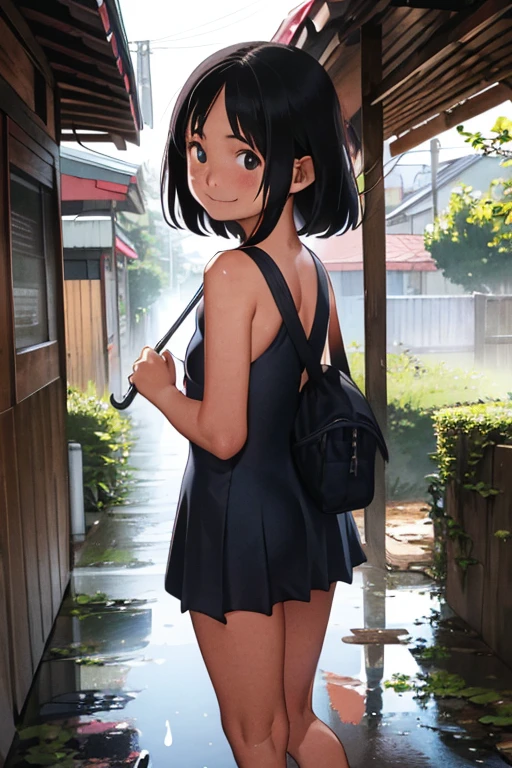 1 Girla、12 years old、have an umbrella、School Swimsuit、Detailed face、Detailed Hair、Clear skin、happy smile、fullbody shot, back view, back shot, looking back at viewer, cute girl, cute hip, booty pose, after the rain, Walking down a narrow alley