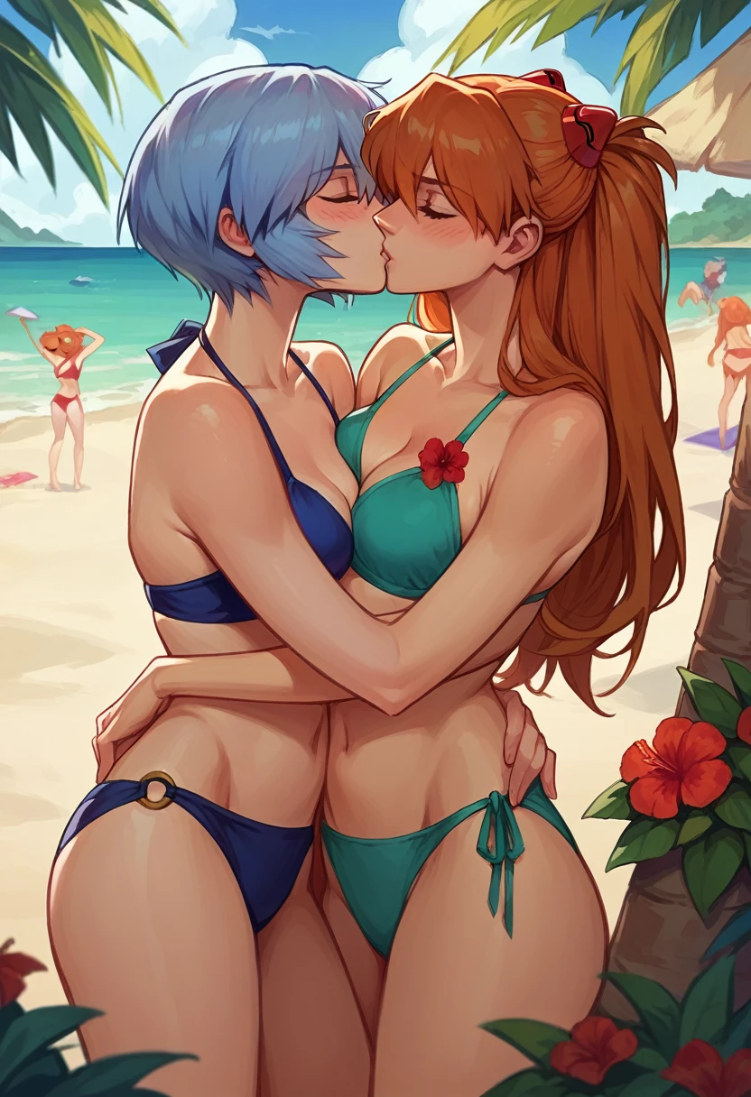 score_9, score_8_up, score_8_up, source_anime, 2girls, (Asuka Langley Soryu, orange hair, long flowing hair, hair ornament:1.0), (Rei Ayanami, blue hair, short bob hair:1.0), girlfriends, cleavage, bikinis, beach, outdoors, standing, hugging, kissing, blush.