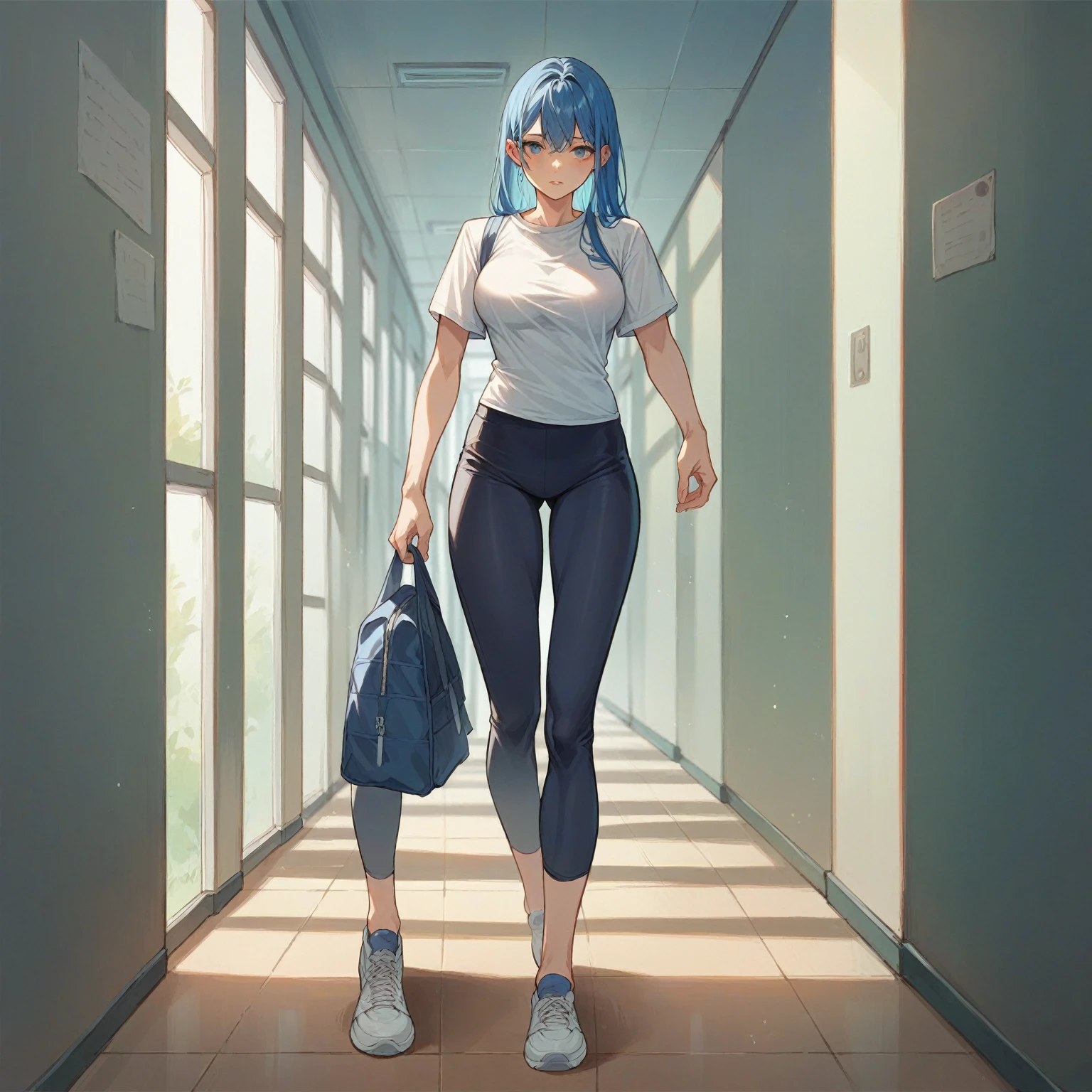 Girl walking in a school hallway, long blue hair, skin fair, breasts highlighted in tight shirt