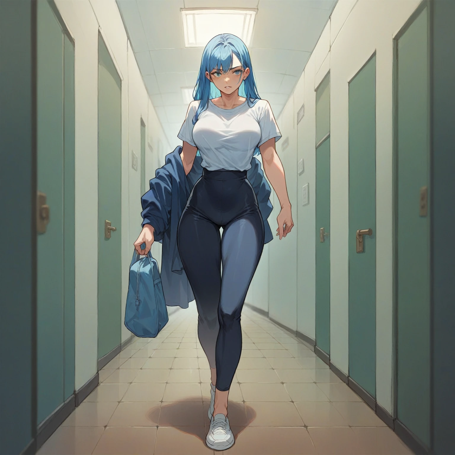 Girl walking in a school hallway, long blue hair, skin fair, breasts highlighted in tight shirt
