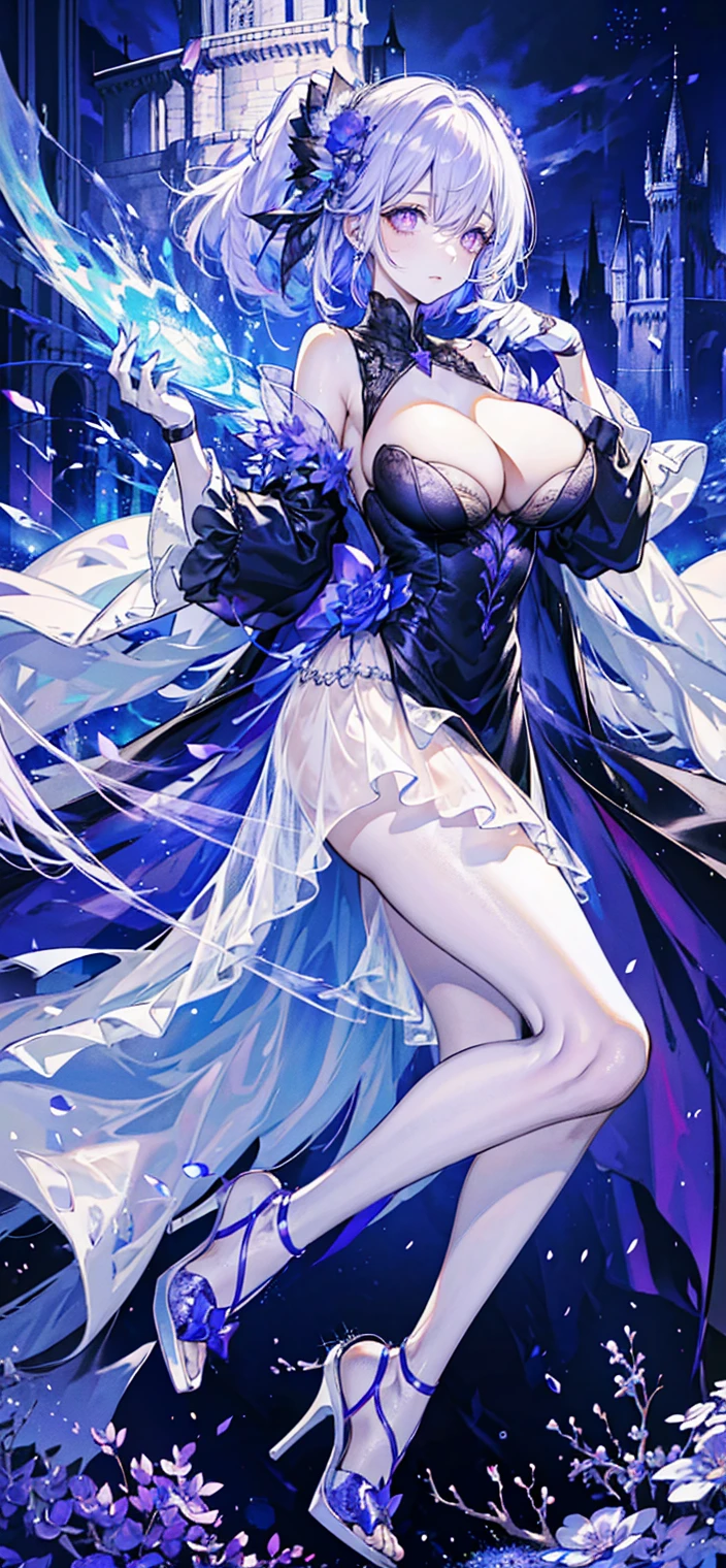 （（masterpiece：1.4，best quality）），（Super detailed），（Extremely detailed eyes），（Shiny socks：1.5），Hello Darkness
（Cute girls），，（Blood-red pupils，Diamond-shaped pupil：1.15），Purple Eyeshadow，（elongated hair，Thick hair，Single ponytail，shiny hair：1.5）（Changes through：1.2），despair，sad，Empty eyes，tears streaming down my face，tilting its head to the side，
（She wore a blue dress，：1.5），（Black gloves：1.4）Very long plush sleeves，White，White Cloud，Dream bubbles ，Ice and glitter effects
（Black long skirt：1.1），
（（Starry Sky：1.2）），
（Intense black and white：1.16），（Depth of Field：1.4），，Intricate details，(((Detailed background，Castle in the Sky，Purple flowers by the lake)))，(((Huge breasts，Bares，Deep cleavae stiletto hi，Transparent clothes)))