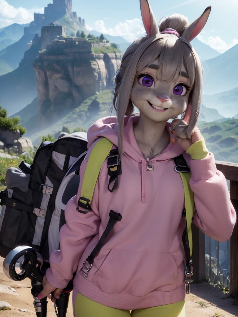 Highest quality,
masterpiece,
Ultra-realistic,
Super detailed,
Beautiful details,
4K,8K,upper,
pixar,
Photo realistic,
Medium Shot,
Background is ((mountain)),
Realistic lighting,
((looking at the camera)),
hiking lady,
((Anthropomorphic rabbit)),
Detailed animals,
Complex patterns,
(Furry:1.35),
(All skin is grey:1.35),
(The body is fluffy and bushy:1.1),
Realistic fur,
Human hand,
(Judy Hopps face:1.3),
((ponytail hairstyle)),
((side part bangs)), bangs,
((dark gray hair color)),
Purple eyes,
{Eye highlights, Clear eyes, Eyes sparkling, Large, round pupils},
Detailed Iris,
(Eyebrows raised:1.2),
(Crescent eyebrows:1.3),
(Bunny ears:1.3),
(((exciting smile))),
round face,
raised corners of mouth,
The woman is wearing fleece jacket,
The woman is wearing trekking bottoms,
((pink fleece jacket)),
((Black bottoms)),
carry a backpack,
(alone:1.5),
(1 Female:1.5),
Only 1 character,
Perfect Anatomy,
Lighting forward,
Lighting front,
sunlight,
Intricate details,
Ray Tracing,
Realistic,