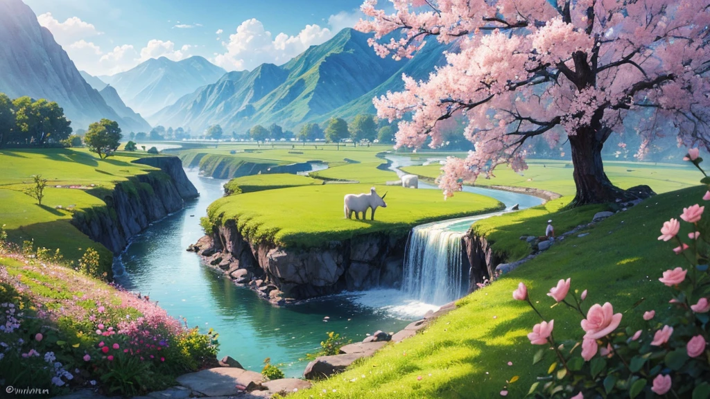 Bức tranh phong cảnh yên bình này mô tả một thung lũng với kiến trúc Á Đông truyền thống nằm giữa những ngọn đồi trập trùng. A winding river flows through the center, On both sides are rows of trees with many colors of green and pink, shows diversity in species or seasons. Ở phía trước, There are trees blooming with roses, maybe cherry blossoms, and a herd of grazing animals. In the background are mist-capped mountains under a gentle sky. The painting attracts by depicting the peaceful space of nature and traditional life, as well as the use of color to create depth and atmosphere for the painting.