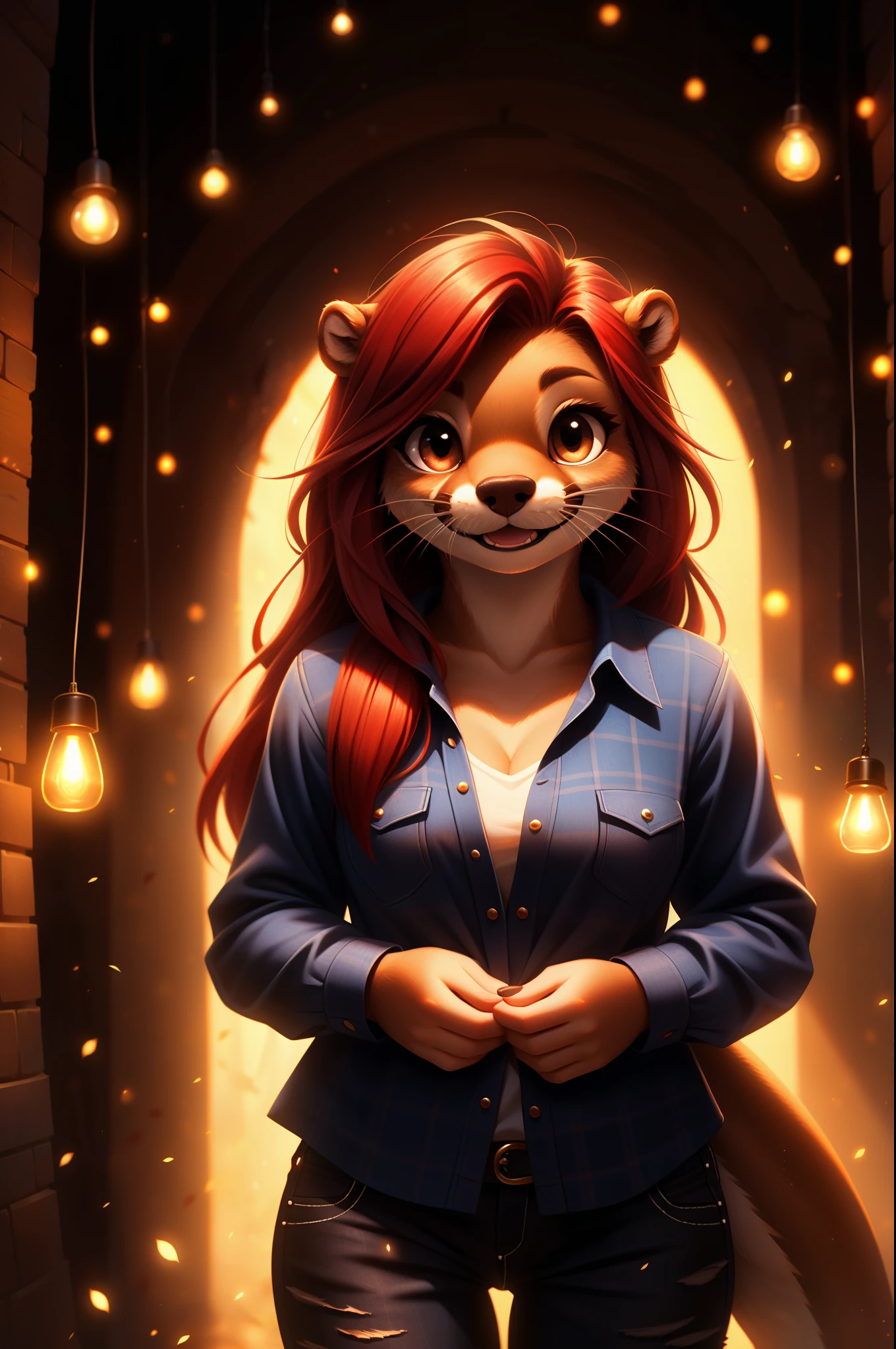 otter, female, white fur, ((Female Otter long hair)), ((red hair)),Black jeans, Lumberjack shirt, look towards the viewer, very cute face, Is total happy, small breast, detail elements on fur, beautiful lights and shadows, ambient light, super fine fur, volumetric light,