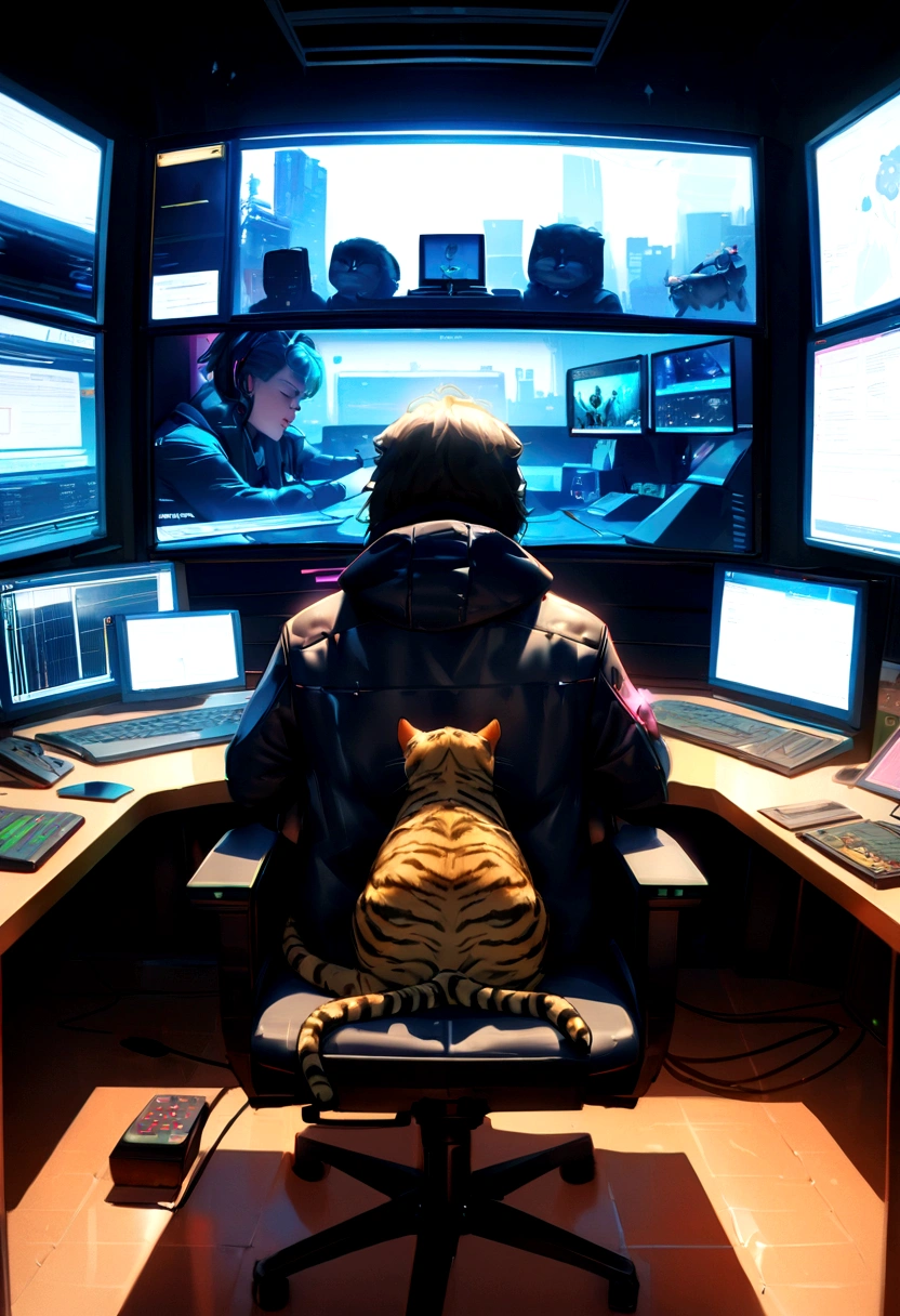 there is a man sitting at a desk with a tiger on his lap, cybercat, sitting at a control center, cyberpunk cat, beeple and greg rutkowski, anton fadeev 8 k, beeple. hyperrealism, cyberpunk hacker, worksafe.cgsociety, worksafe. cgsociety, in front of a computer, beeple!!