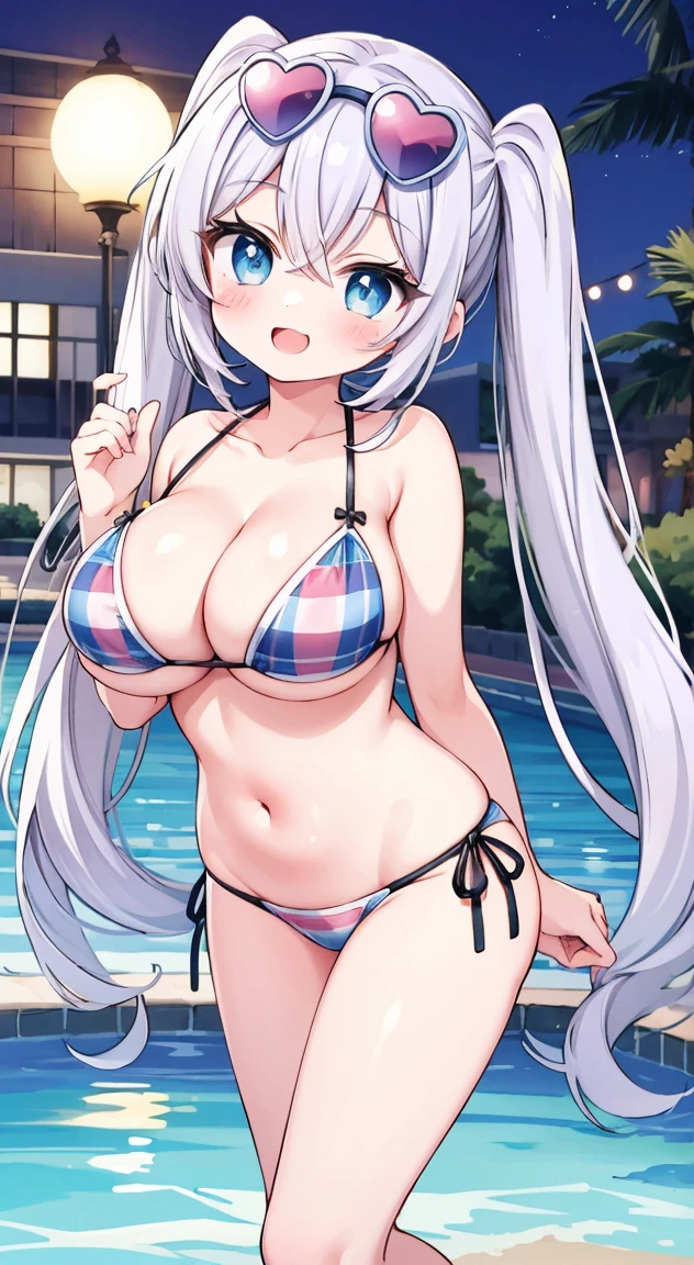 side tie panties,,masterpiece, highest quality, (anime screencap:1.3),(shape), cute,(simple:1), (anime:1.2),Solo Sharp Focus, 1 girl, cleavage,looking at the viewer, nighttime pools,Are standing,(NSFW:1.2),Colorful bikini,pastel colour bikini,beautiful hair,Horizontal stripes,heart shaped pupils,plaid pattern bra, plaid pattern panties,(Drink Tropicaljuice1.1),cute eyes,puffy eyes,Beaming face,large breasts,Twintail hair,heart shaped sunglasses on head,smile+happy,