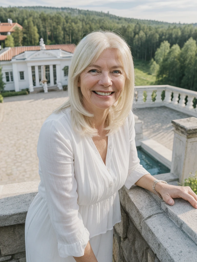 A realistic, photorealistic image of Felicidad, a 60-year-old Finnish woman with a Scandinavian background, (((white blonde and medium length hair))), smiling and enjoying, overlooking inside the mansion over the hilltop, upper body and upper legs, (((round face))), (medium straight hair)