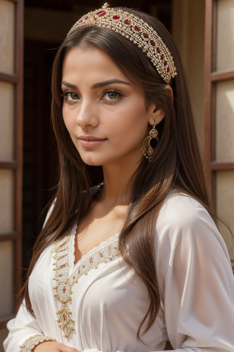 marocaines beurette, en vêtements traditionnels, tout le corps, beaux yeux detaileds marron, lèvres magnifiquement detailedes, yeux et visage extrêmement detaileds, court, belle rose Hair ((best quality)), ((head of'artwork)), (detailed), visage parfait, tout le corps, Funny head, tanned