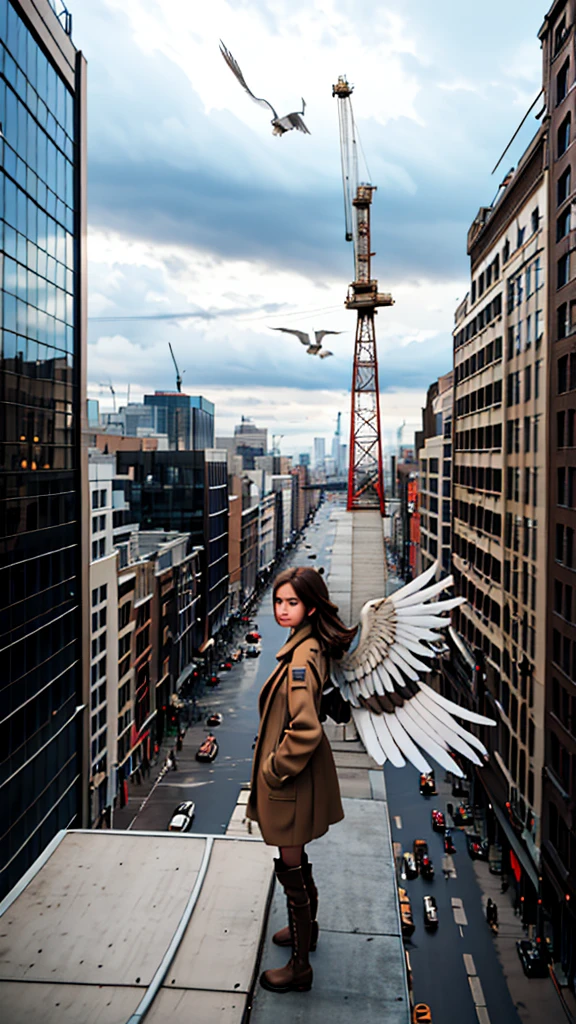 (masterpiece, best quality),from above , 1girl, solo, (feathered wings:1.2), billboard, brown eyes, brown hair, building, city, cloudy sky, coat, boots, crane \(machine\), dutch angle, from side, light frown, looking at viewer, outdoors, rooftop, sky, skyscraper