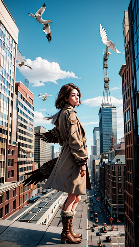 (masterpiece, best quality),from above , 1girl, solo, (feathered wings:1.2), billboard, brown eyes, brown hair, building, city, cloudy sky, coat, boots, crane \(machine\), dutch angle, from side, light frown, looking at viewer, outdoors, rooftop, sky, skyscraper