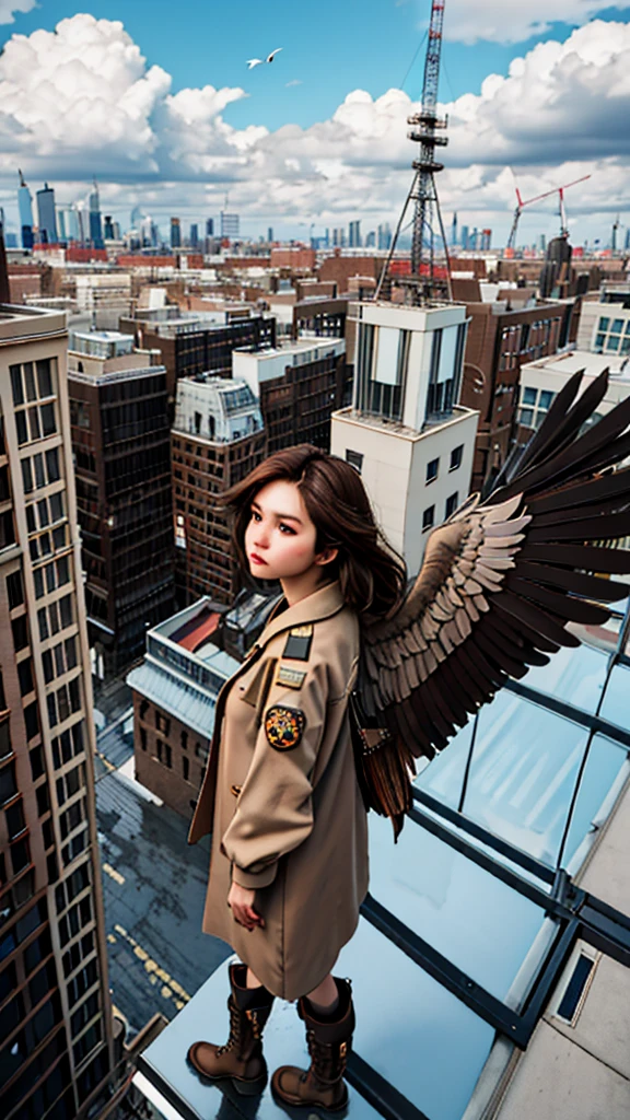 (masterpiece, best quality),from above , 1girl, solo, (feathered wings:1.2), billboard, brown eyes, brown hair, building, city, cloudy sky, coat, boots, crane \(machine\), dutch angle, from side, light frown, looking at viewer, outdoors, rooftop, sky, skyscraper