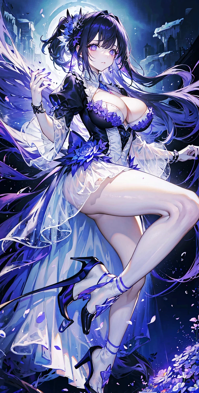 ((masterpiece:1.4,best quality)),(Super detailed),(Extremely detailed eyes),(Shiny socks:1.5),Hello Darkness
(Cute girls),,(Blood-red pupils,Diamond-shaped pupil:1.15),Purple Eyeshadow,(elongated hair,Thick hair,Single ponytail,shiny hair:1.5)(Changes through:1.2),despair,sad,Empty eyes,tears streaming down my face,tilting its head to the side,
(She wore a blue dress,:1.5),(Black gloves:1.4)Very long plush sleeves,White,White Cloud,Dream bubbles ,Ice and glitter effects
(Black long skirt:1.1),
((Starry Sky:1.2)),
(Intense black and white:1.16),(Depth of Field:1.4),,Intricate details,(((Detailed background,Castle in the Sky,Purple flowers by the lake))),(((Huge breasts,Bare breasts,Deep cleavage,White stiletto high heels,Transparent clothes)))