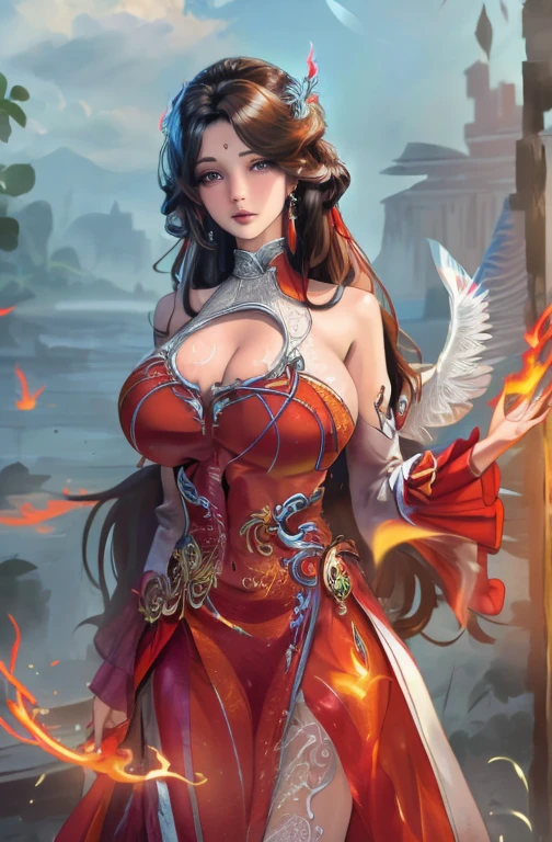 Ultra-realistic 8K CG, Flawless, Clean, masterpiece, Professional artwork, Masterpieces, light, bloom, Perfect face, Pretty Face, fantasy, Like a dream, illusory, Science fiction, Lace, Lace trim, Lace-trimmed legwear, luxury, Jewelry, diamond, From Kane, pearl, gem, 蓝gem, 红gem, emerald, Intricate details, Beautiful Pattern, charming, Tempting, Tempting, , enchanting, hair ornament, neckLace, earrings, bracelet, armband,Halo,autumn,
((,1 girl, Throw,best quality,)), (((1 girl, solitary))), (gigantic round :1.5), ,(((Full and soft breasts,)))(((Huge ))) (((cleveage))))Red Dress, long_hair, (Half Body, Looking at the audience:1.5), (Wings of Flame:1.5).