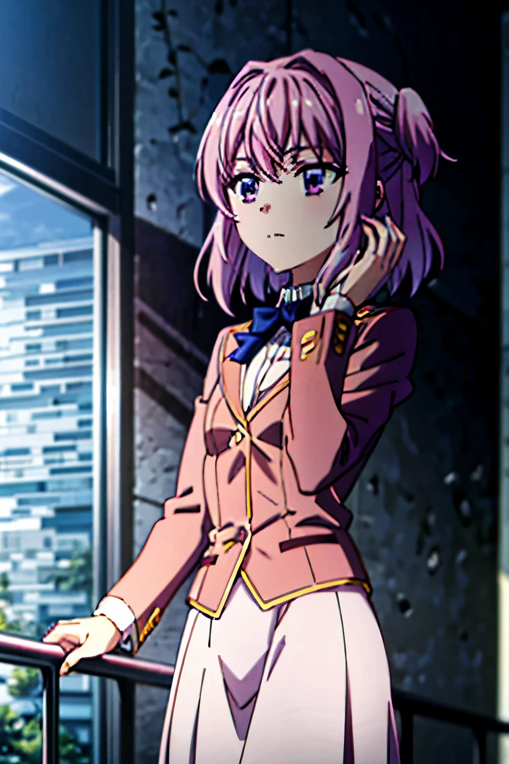 1girl, solo,Natsuki,pink hair,blue eyes,Yellow uniform, anime,