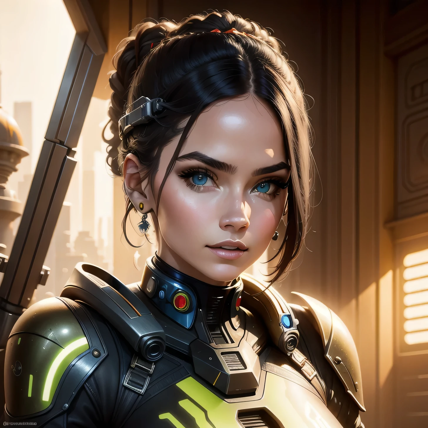 Alone, enfocarse Alone, close-up portrait of a masterpiece of a woman in tactical gear on a tatooine building, Light rays, Caustics, mechanical parts, wiring, droid, metal jaw