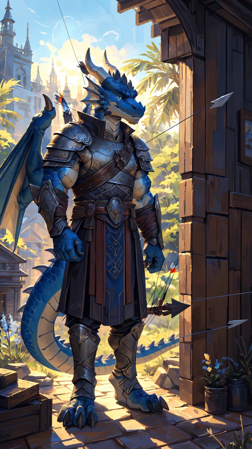 ((middle Ages:1.3,Range background:1.5)),Royal Family:1.2,((Bow and Arrow:1.5)),((sunny:1.4)),high resolution,4K,masterpiece,high quality,((dragon:1.4,Archer:1.6,bow and arrow:1.6)),male,dragonFurry,(teenager:1.3),hairy,((Heroic and Calm:1.4)),(((Slender face:1.2,Lean:1.2,Long legs:1.3,Thick dragon tail:1.2))),(((Gray head:1.2,Blue pupils:1.2,neck:1.3,Gray Hands:1.4,muscle:1.3))),(((White Armor:1.3,There is a blue flag on the armor:1.4))),(((Half Body:1.1,Bow shape:1.5)))Exquisite eyes,Detailed body,Detailed hands,Detailed feet,Kenket's Art