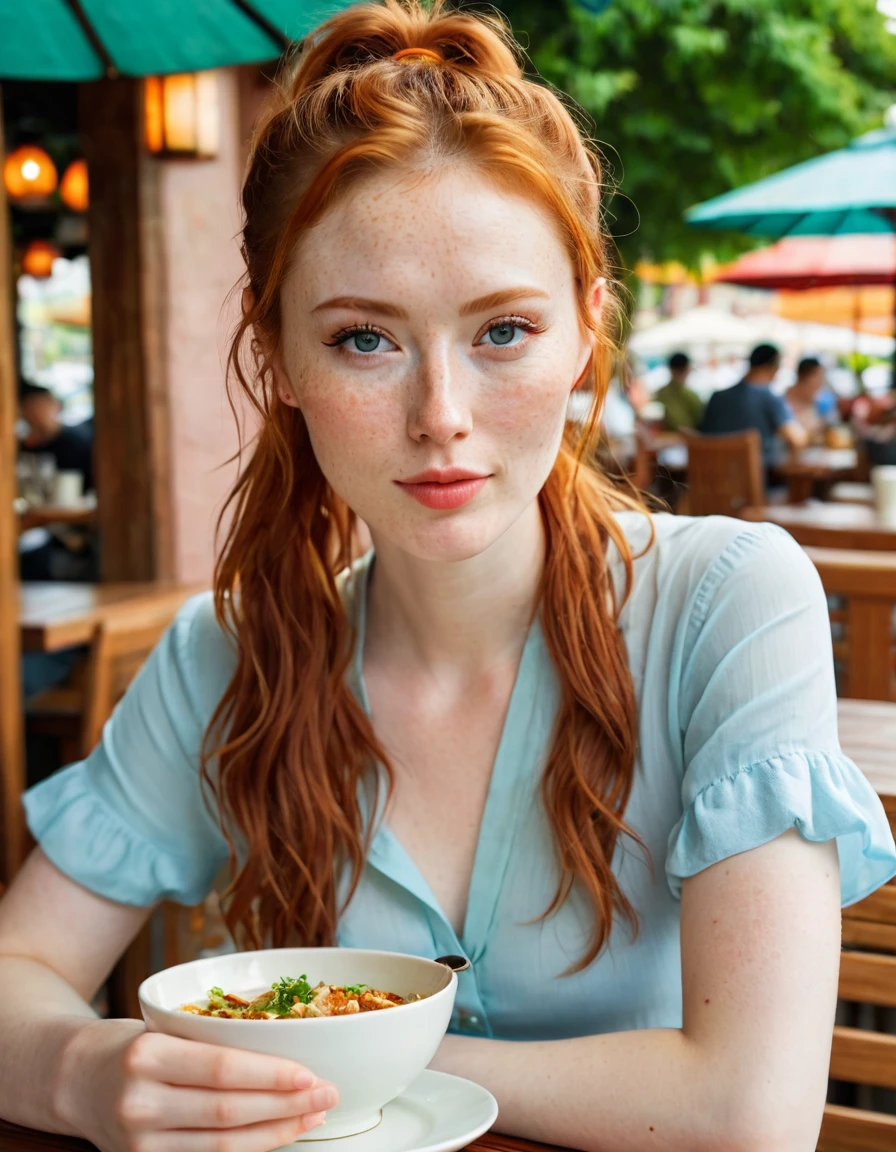 photography full body portrait of very beautiful realistic girl, sit in outdoor restaurant, eating Chinese food, porcelain skin, very fair skin, very pale skin, redhead, wavy, ponytail, detail freckles skin, hazel eyes, slanted eyes, small nose, small nostril, think curved eyebrow, thick bottom lip, seductive gaze, happy face, unique face, wear casual dress, detail photo, realistic photo, master piece picture, sharp picture, outdoor clear daylight