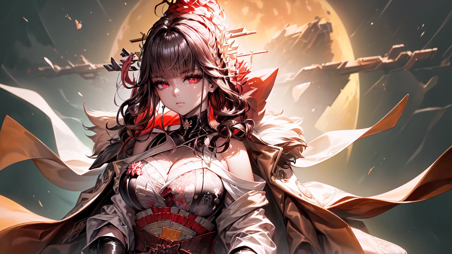 ((((Obra maestra, La mejor calidad, ultrahigh resolution)))), 1girl, standing,), ((long pure brown hair, hair over eye)), long hair cut, shiny skin, ((red eyes)), glowing_eyes, neon eyes, (ultra detailed eyes:0.7, beautiful and detailed face, detailed eyes:0.9), ((centered)), smirk, facing viewer, ((vibrant background, dark lighting, summer, sunlight)), large chested, looking at viewer, ((half closed eyes)), ((perfect hands)), (((head:1, arms, hips in view, elbows, in view))), ((hands behind back)), empty eyes, beautiful lighting, ((outside, outdoors)), defined subject, head tilt, (((gritty)), ((creepy)), ((cool)), ((beautiful)), (((SFW))), hair ornament, petals in the air, moon in the sky, city, mature woman, adult woman, sfw, pink and white dress, night dress, she is a princess, china dress