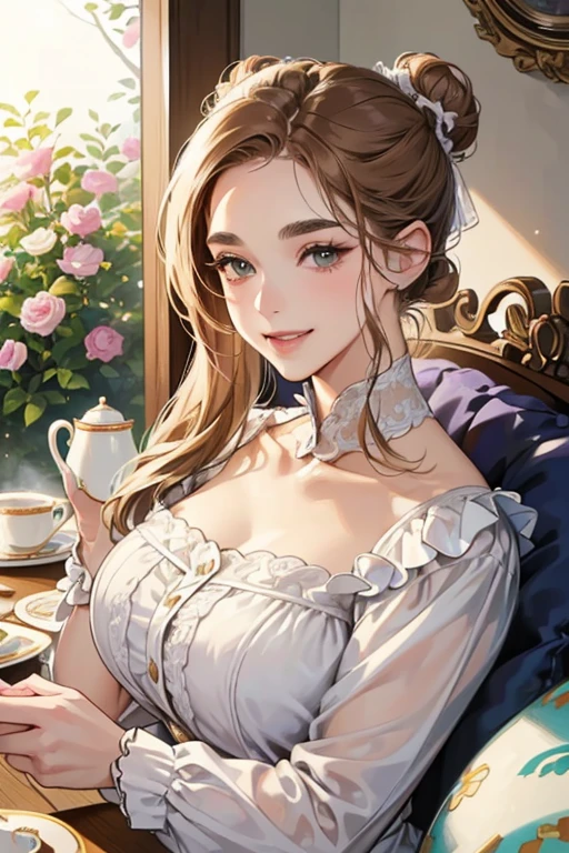(table top, digital illustration, 4k, 8k, Super detailed, beautiful images, clear image,  perfect face, perfect lines, perfect eyes, soft lighting) 1 female, (light brown hair,bun hair,innocent look,droopy eyebrows,droopy eyes、With a round face,round chin、innocence,cute,Big eyes,natural makeup,smile gently,E cup,23 years old:1.3),Two handsome men in suits, (human,man in suit,muscular,solid shoulder width,  boyish hairstyle,A man in his 30s with a cool expression,28 year old man with a bright smile:1.2),garden full of light、lots of flowers、Squirting、colorful flower light,(embarrassing,shy smile:1.2),resort sofa,kiss、カップルkiss、romance porn、couple of man and woman looking at each other、In battle、Afternoon tea、lunch