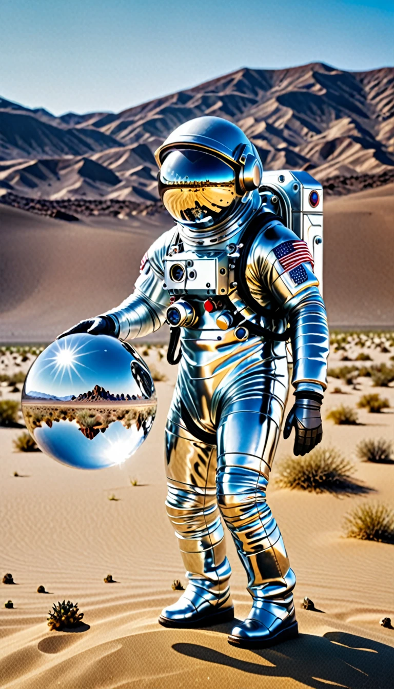Giant astronaut wearing a mirrored helmet standing in the desert，See the New York model inside the glass ball below，Beautiful sparkling crystal ball, Flying vehicles，Lenses, Scenes, amazing, thrilling, There&#39;s a magical feeling in the air, Magical Fantasy, Diffuse lighting